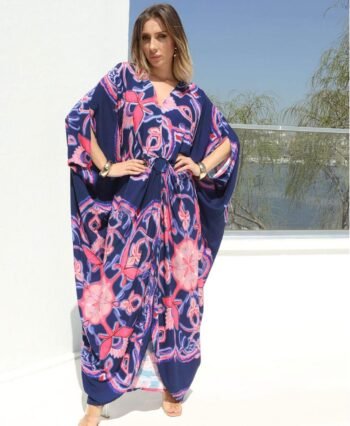 Yara Dress – Navy with Pink Floral Art