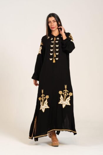 Lamees Dress – Black with Gold Embroidery