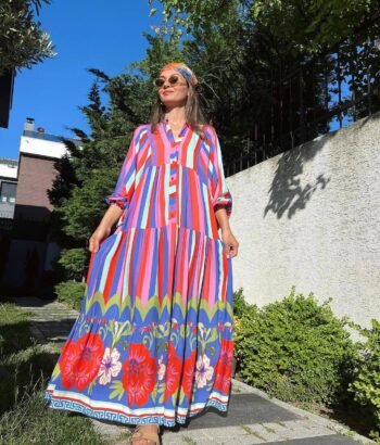 Farha Dress – Multicolor Stripes with Floral Hem