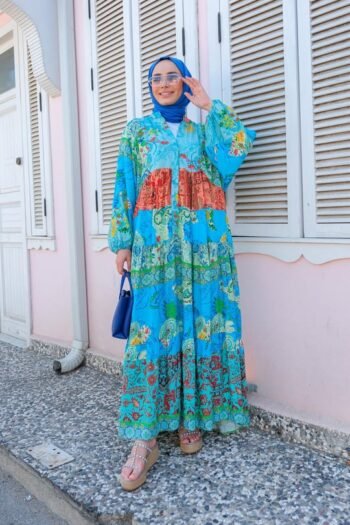 Nasmah Dress – Sky Blue Patch Print