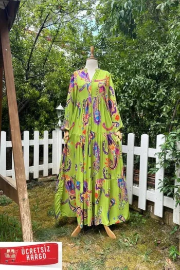 High Collar Half Buttoned Viscose Dress with Elastic Sleeves -Pink (Copy)