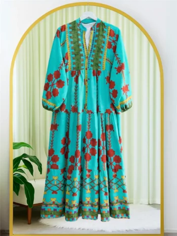 High Collar Half Buttoned Viscose Dress with Elastic Sleeves -Turquoise